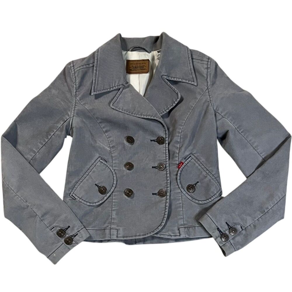 LEVI'S 77551 Double Breasted Gray Corduroy Jacket Pea Coat Y2K Academia Sz M